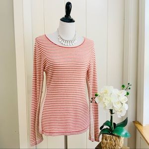 J JILL Red Ivory Striped Rayon Knit Scoop Neck Top